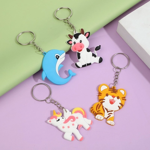 Cartoon Animal Keychain PVC Silicone Cute Tiger Dolphin Cow Unicorn Pendant For School Bag Backpack Party Favor Gift