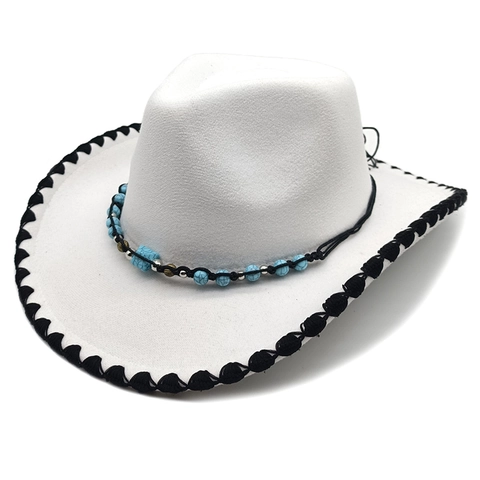 Cappello Da Cowboy Western Feltro Cotone Poliestere Tesa Larga Bordo A Punto Sopraggitto Perle Turchesi Stile Etnico