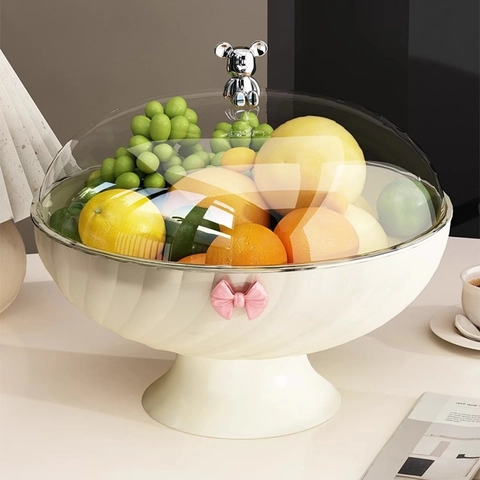 Piatto Frutta Di Lusso Con Coperchio Maniglia Orso Plastica PP Sgocciolatoio Vassoio Snack Arredamento Soggiorno