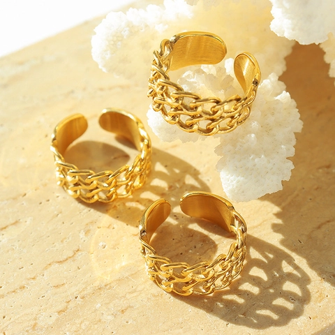 Anello Aperto a Doppio Strato Catena in Acciaio al Titanio Placcato Oro 18K Regolabile Anello da Dito Geometrico per Donna Gioielli