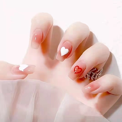 Uñas Postizas A Presión Degradado Rosa Blush Patrón De Corazón Estilo Francés Plástico ABS Dulce Para Mujeres