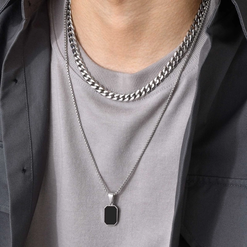 Men Minimalist Stainless Steel Black Enamel Rectangle Pendant Necklace Gold Silver Stacking Cuban Link Chain Jewelry
