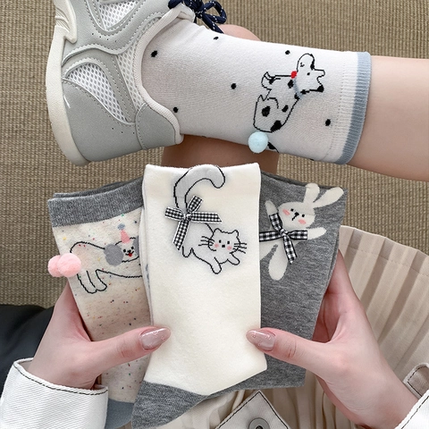 Women Mid-Calf Socks Cute Cartoon Animal Cotton Blend With Bow Pom-Pom Japanese Style Embroidered Soft Breathable
