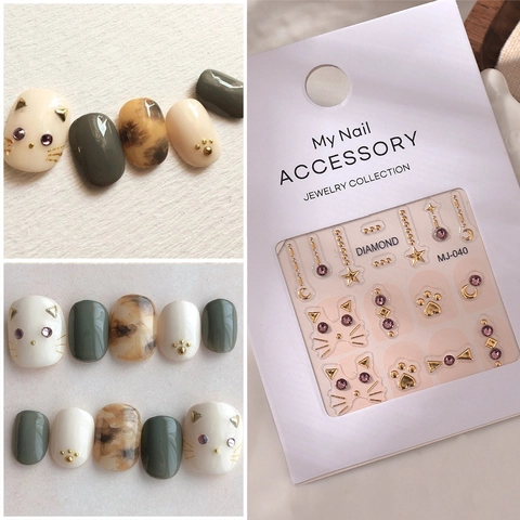 3D Nail Art Stickers Kattengezicht Poot Ster Maan Paars Roze Rijnsteen Legering Charms Schattige DIY Manicure Decoraties Vrouwen Meisjes