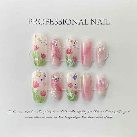 Handmade Press On Nails Tulip Hand Painted Design Rhinestone Artificial Pearl Decoration Long Oval Artificial False Nails For Women