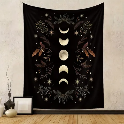 Moon Phase Wall Tapestry Mystical Botanical Hanging Fabric Polyester Bohemian Decor For Bedroom Living Room