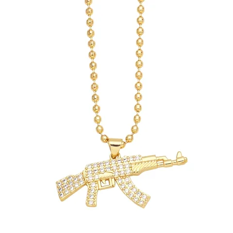 Hip Hop Iced Out Gun Pendant Necklace Gold Plated Brass Zircon Bling AK47 Pistol Shape Streetwear Jewelry Men