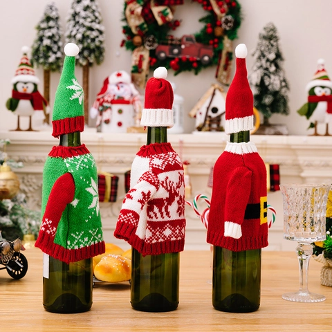 Christmas Knitted Wine Bottle Covers Mini Sweater Hat Reindeer Snowflake Santa Belt Style Holiday Party Table Decoration