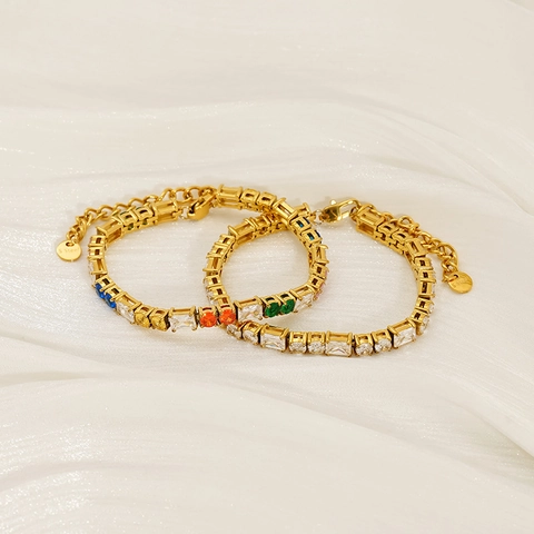Bracciale Tennis In Acciaio Inossidabile Placcato Oro 18K Zirconia Cubica Multicolore Regolabile Gioielli Hip Hop