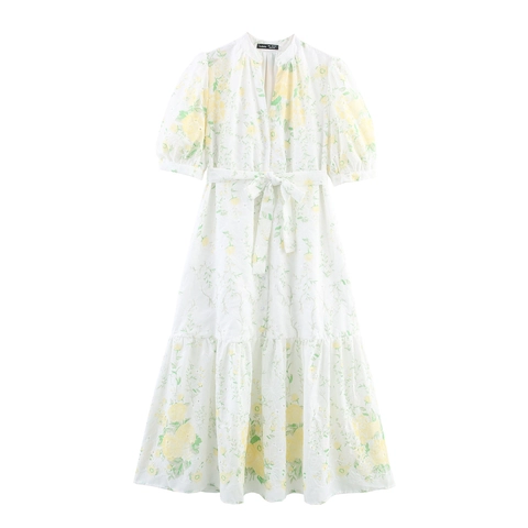 Dames Elegante Florale Maxi Jurk Polyester V Hals Pofmouwen Hoge Taille Tailleband Borduurwerk Lange Jurk
