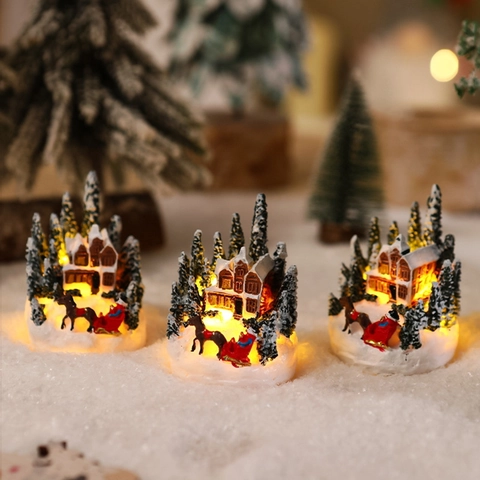 Weihnachten Miniatur Schneehaus Harz Ornament LED Leuchten Mikro Landschaft Schreibtisch Dekoration Festliches Geschenk Dorf Szene