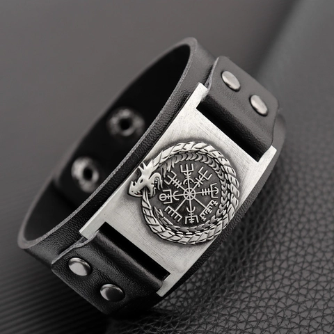 Viking Compass Vegvisir Ouroboros Leather Cuff Bracelet Retro Nordic Punk Adjustable PU Alloy Jewelry