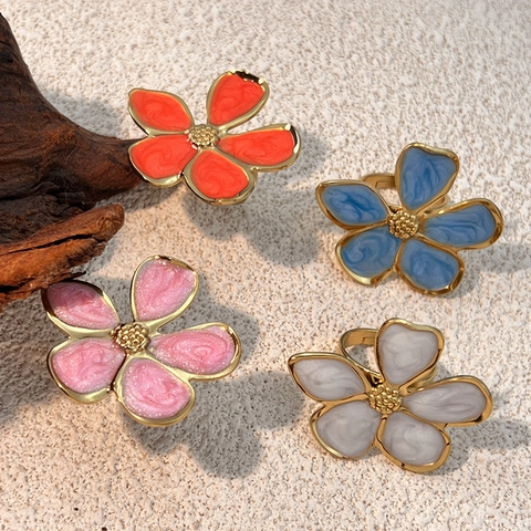 Retro Blumenform Ring Edelstahl Emaille Tropföl Verstellbar Offener Fingerschmuck Elegantes Geschenk Damen