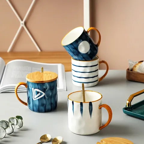Taza de Cerámica Nórdica Japonesa Pintada a Mano Taza de Café Gran Capacidad Leche Desayuno Con Cuchara Tapa Juego de Regalo