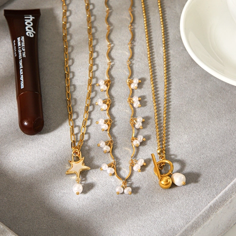 Elegante Collana Di Künstliche Perle Con Pendente A Stella Placcato Oro Acciaio Inossidabile Gioielli Donna Chiusura OT