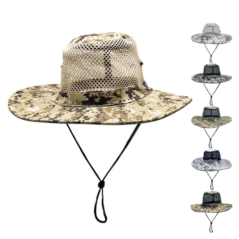 Camouflage Boonie Hat Polyester Mesh Breathable Sun Protection Outdoor Fishing Hiking Tactical Wide Brim Adjustable Rope