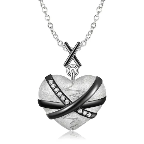 925 Sterlingsilber Herz Anhänger Halskette Für Damen Herren Modern Schwarz Weiß Kontrast Strass Eingelegter Schmuck Minimalistisch Geschenk