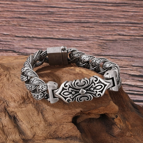 Pulsera Hombre 316L Acero Inoxidable Cadena Pesada Vintage Gótico Cruz Relieve Tallado Vid Patrón Plata Antigua Retro Punk