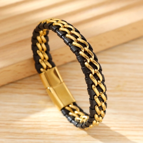Pulsera Hombre Cuero Trenzado Con Cadena Acero Inoxidable Cierre Magnético Brazalete Hecho Mano Joyería Vintage Casual