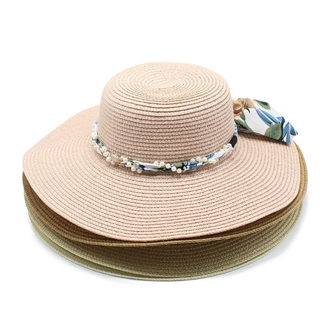 Women Wide Brim Straw Sun Hat With Floral Ribbon Bow And Artificial Pearls Foldable Breathable Beach Vacation Elegant Dome Hat