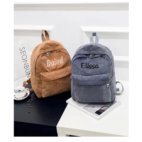 Vintage Corduroy Backpack Women School Bag Casual Lightweight Travel Rucksack Solid Color Preppy Style