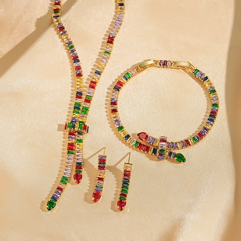 Luxury Real Gold Plated Copper Colorful Zirconia Snake Jewelry Set For Women Multicolor Gemstone Necklace Bracelet Earrings