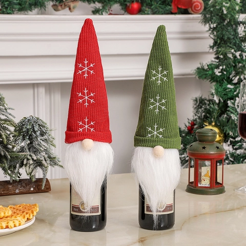 Funda Para Botella De Vino De Navidad Gnomo Tejido Tomte Decoración Bordado De Copos De Nieve Larga Barba De Piel Sintética Ornamento De Mesa De Fiesta Regalo