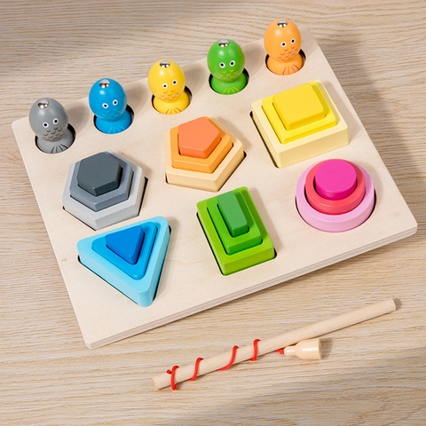 Montessori Wooden Geometric Shape Sorter Stacker Magnetic Fishing Game Toddler Educational Early Learning Blocks Toys