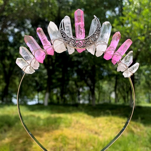 Cerchietto Corona con Luna in Cristallo Naturale Fatto a Mano Stile Boho Fascia per Capelli con Punte di Quarzo Copricapo Avvolto in Filo per Matrimonio Festa Donna