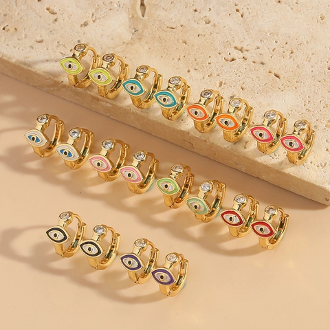Vintage French Style Evil Eye Hoop Earrings With Zirconia Enamel Copper Personalized Huggie Earrings For Women Jewelry Gift