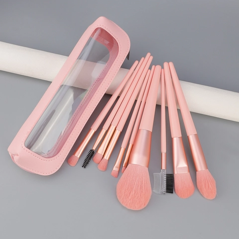 Pennelli Trucco Rosa Con Setole In Fibra Sintetica Morbida E Manico In Legno In Borsa Portaoggetti Portatile