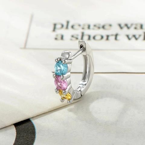 Colorful Zirconia Hoop Earrings Copper Silver Plated Three Round Stone Dainty Minimalist Jewelry For Women Girls
