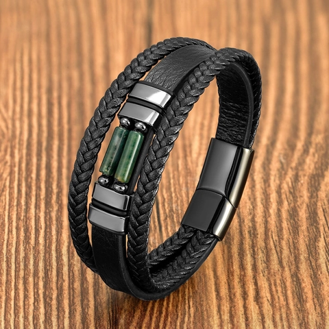 Pulsera Multicapa De Cuero Trenzado Con Cierre Magnético De Acero Inoxidable Y Cuentas De Piedra Natural Joyería Vintage Para Hombre
