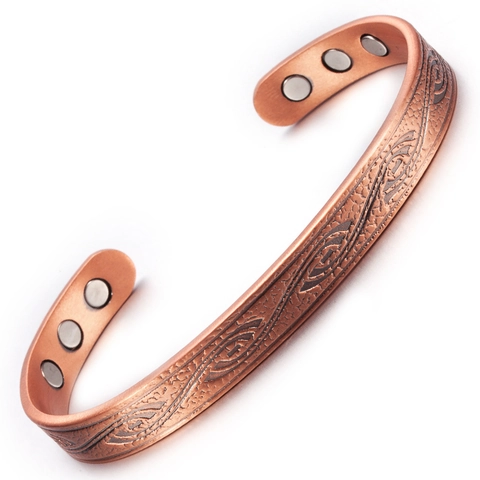 Red Copper Magnetic Therapy Bracelet Adjustable Open Cuff Engraved Texture Vintage Healing Jewelry Gift Accessory