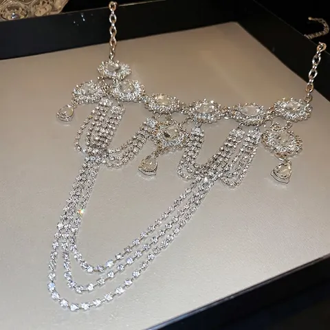 Statement Tassel Necklace Alloy Rhinestone Multi Layer Geometric Luxury Retro Wedding Party Jewelry For Women Silver Tone