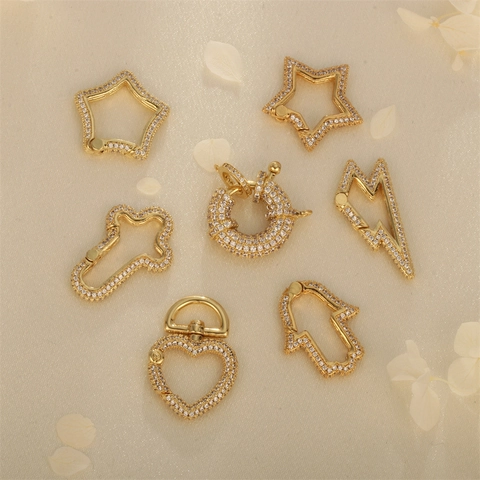Zircon Inlaid Spring Buckle Copper Gold Plated DIY Jewelry Making Connector For Necklace Bracelet Star Heart Cross Shapes