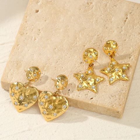 Hammered Heart Star Drop Earrings Stainless Steel 14K Gold Plated Rhinestone Inlaid Minimalist Vintage Jewelry For Women