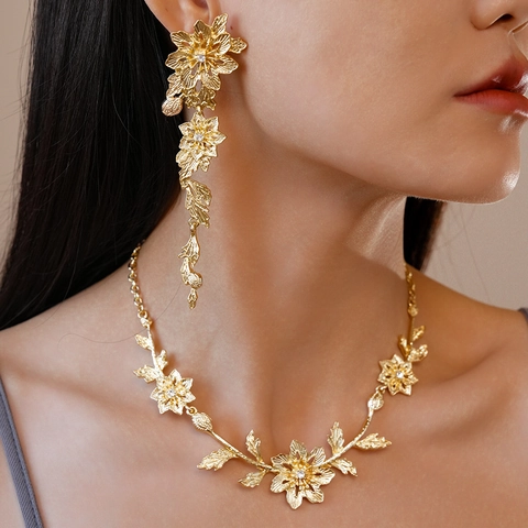 Fiore Foglia Lega Strass Metallico Floreale Pendente Collana E Orecchini Pendenti Con Perno In Argento Per Donna Elegante