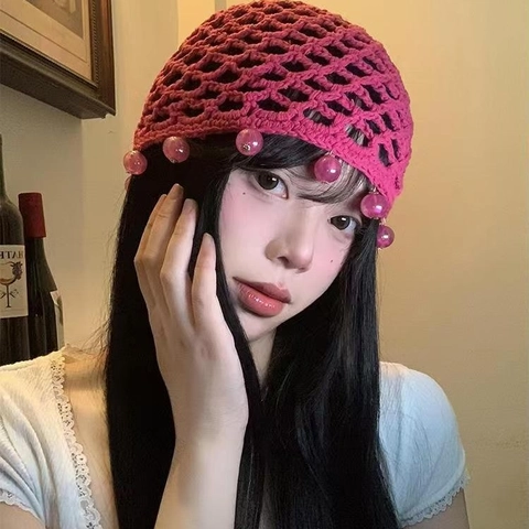 Bonnet En Crochet Fait Main Pour Femmes Chapeau En Maille Ajourée Avec Perles Style Bohème Coton