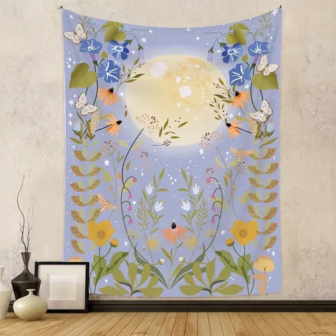 Arazzo Da Parete In Poliestere Illustrazione Di Fiori Di Luna Piena Estetica Gloria Del Mattino Margherita Bohemien