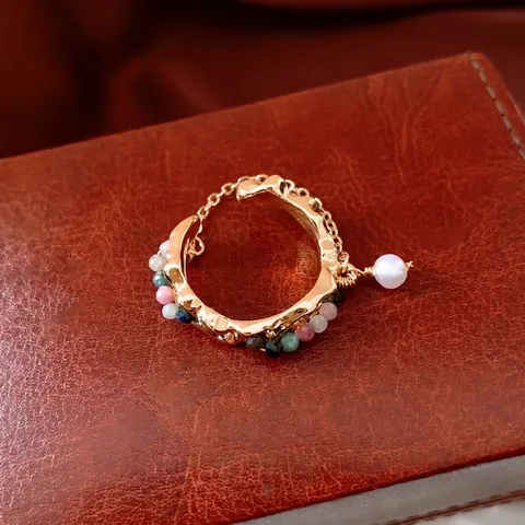 Anillo Abierto Vintage Bañado Oro 18K Cobre Perla Artificial Agua Dulce Piedras Colores Onda Irregular Joyería Ajustable Mujer