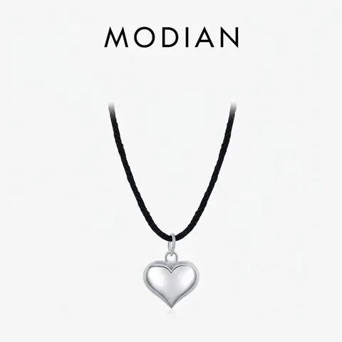 925 Sterling Silber Herz Anhänger Halskette Mit Schwarzem Geflochtenem Seil Minimalistische Polierte Pullover Kette