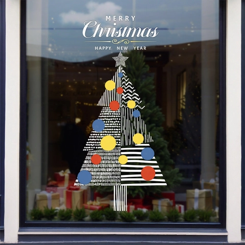 Adesivi Finestra Albero Di Natale Statici PVC Doppia Faccia Arte Geometrica Decorazione Vetro Negozio Festa Casa