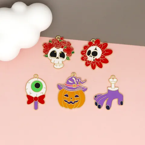 Halloween Charms Pendants For DIY Jewelry Making Zinc Alloy Enamel Skull Pumpkin Witch Hat Zombie Hand Dark Style Accessories
