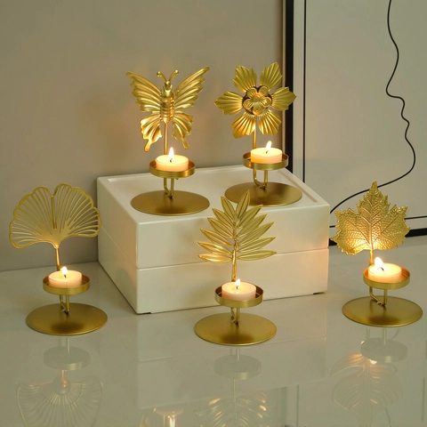 Nordic Iron Candle Holder Gold Black Metal Leaf Butterfly Flower Design Desktop Decorative Candlestick For Tealight Home