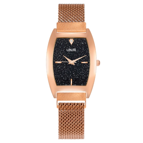 Women Quartz Watch Starry Sky Dial Tonneau Metal Case Milanese Mesh Strap Magnetic Buckle Fashion Elegant Lady Wristwatch