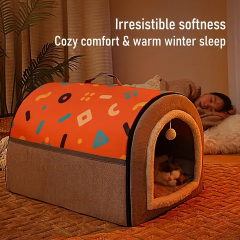 Katze Haus Nest Geschlossen Warm Schwamm Synthetik Faser Waschbar Faltbar Haustier Bett Innen Geometrisches Muster Katzen