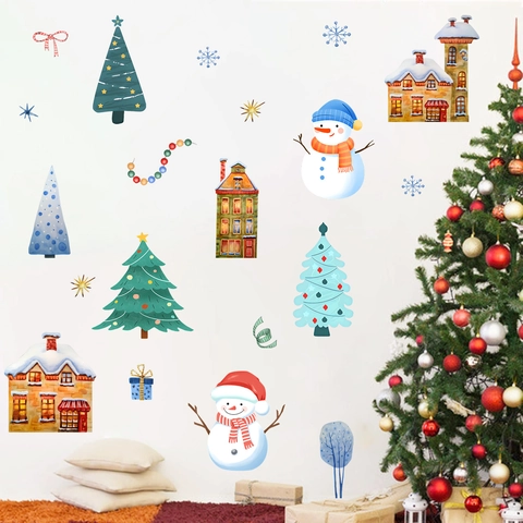 Stickers Muraux Noël PVC Bricolage Autocollants Aquarelle Bonhomme Neige Arbre Père Noël Décoration