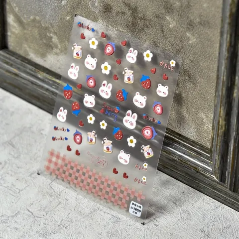 5D Geprägte Nagelkunst Aufkleber Süße Hase Erdbeere Herz Graffiti Design Stereoskopische Selbstklebende Maniküre Decals
