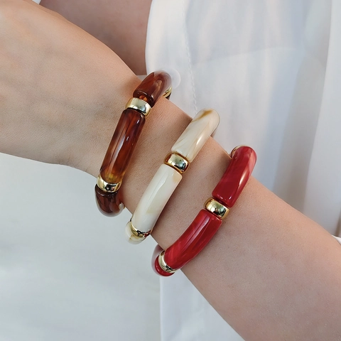 Vintage Acrylic Resin Curved Tube Bangle Bracelet With Gold Metal Spacers Marble Texture Stretch Bohemian Style Women